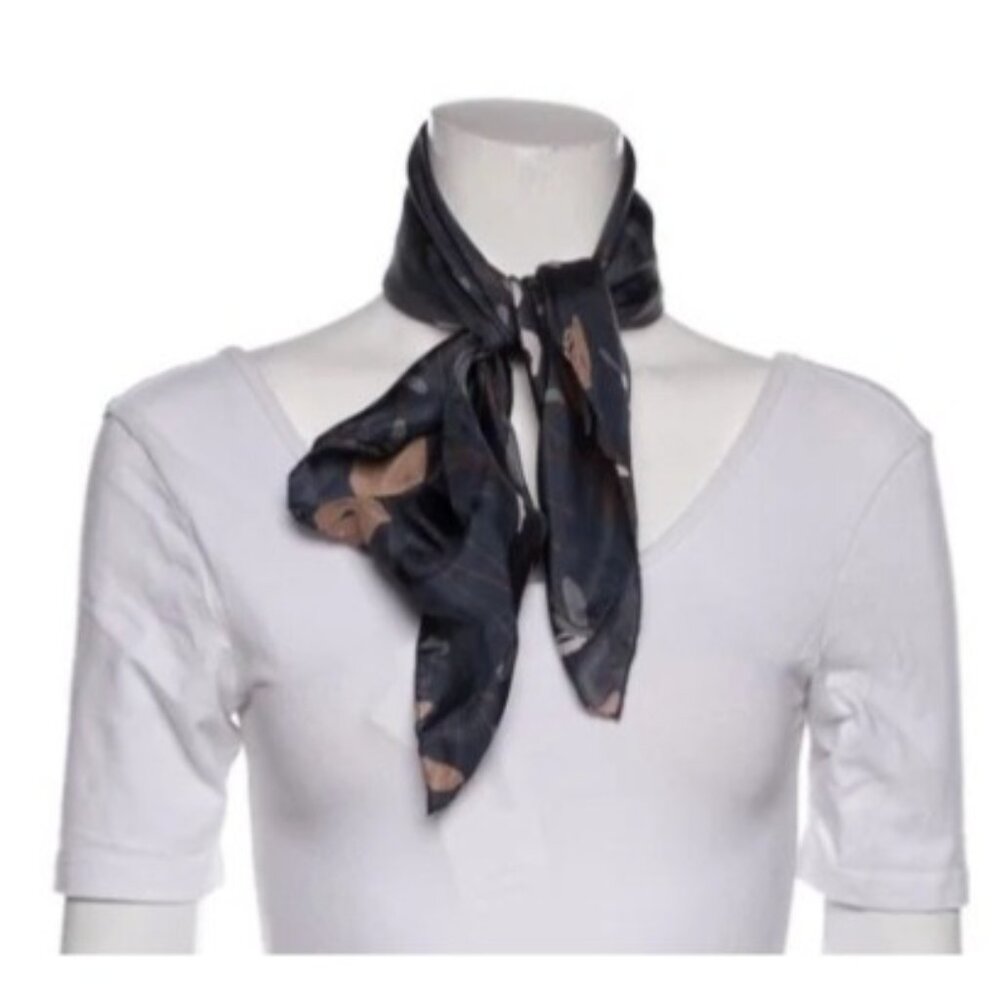 NWT Brunello Cucinelli Designer Silk Scarf, Ponge/Floral/Leaf Print, Blue, 25"